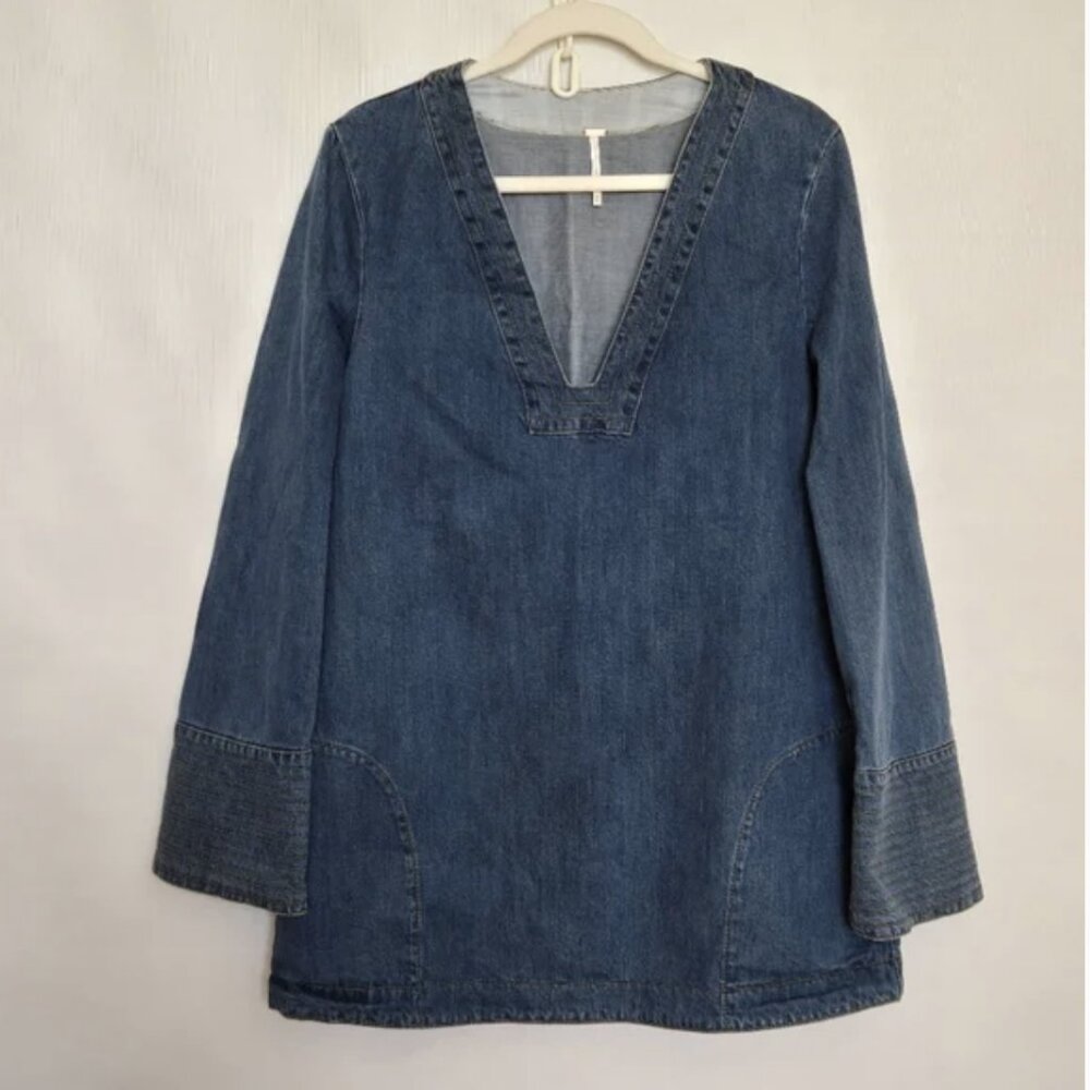 FREE PEOPLE 'DREAMING OF DENIM' TUNIC TOP MINI DRESS BOHO WESTERN RODEO (M)